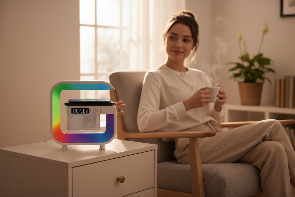 G3mini LED Wireless Charging Speaker - Bluetooth with RGB Lighting & Alarm Clock (Open Box, Like New)