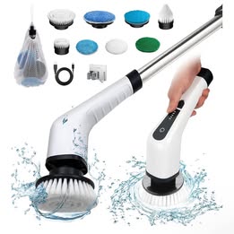 Electric Spin Scrubber - Cordless Power Cleaning Brush with 8 Replaceable Heads & Extension Handle