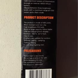 TY-908 High-Power LED Flashlight - 1200 Lumens USB Rechargeable (Open Box)