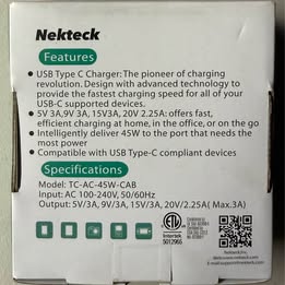 Nekteck USB-C PD 45W Fast Charger with Captive Cable (Open Box)