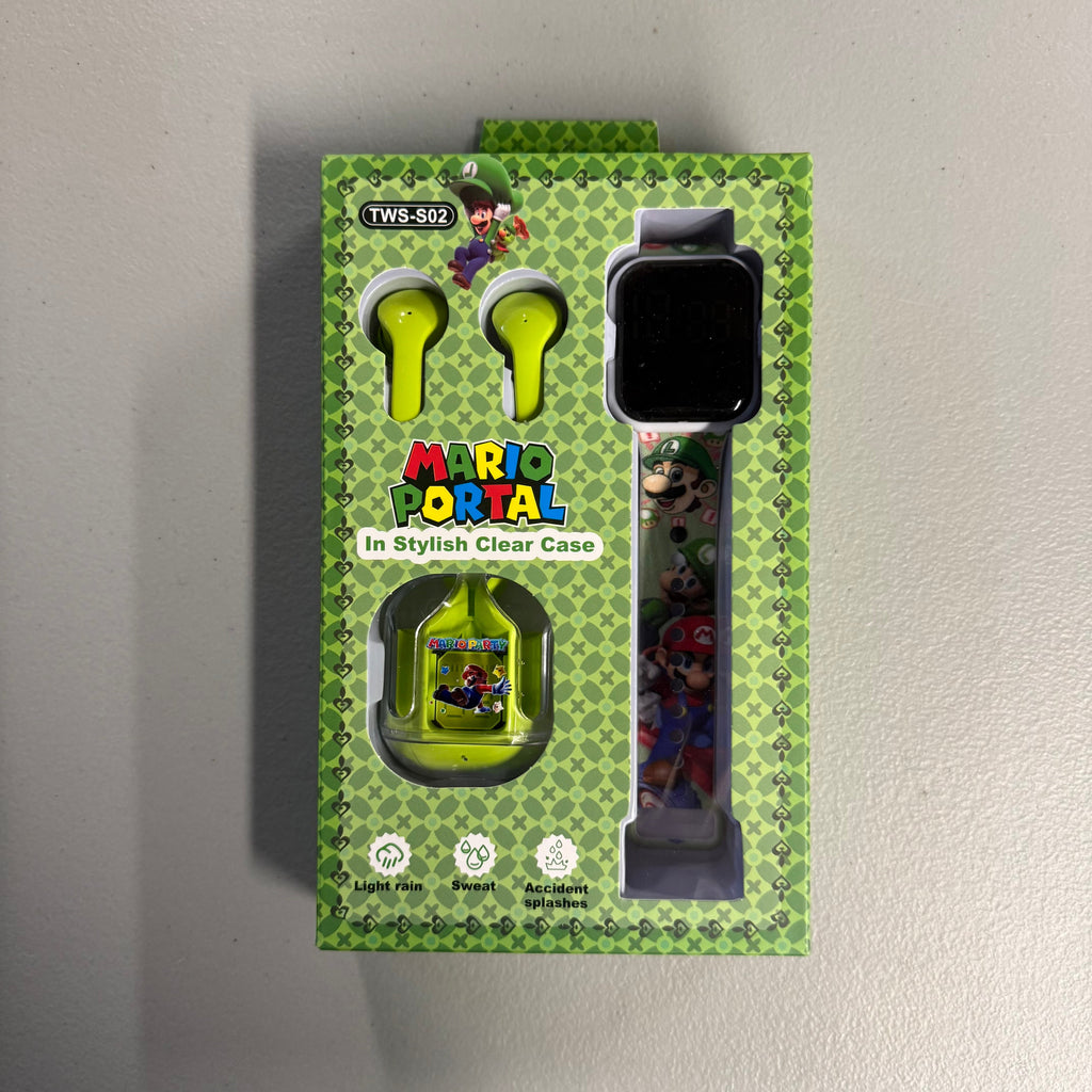 Super Mario Portal Kids Smartwatch & TWS Wireless Earbuds Combo Set - Green (New)