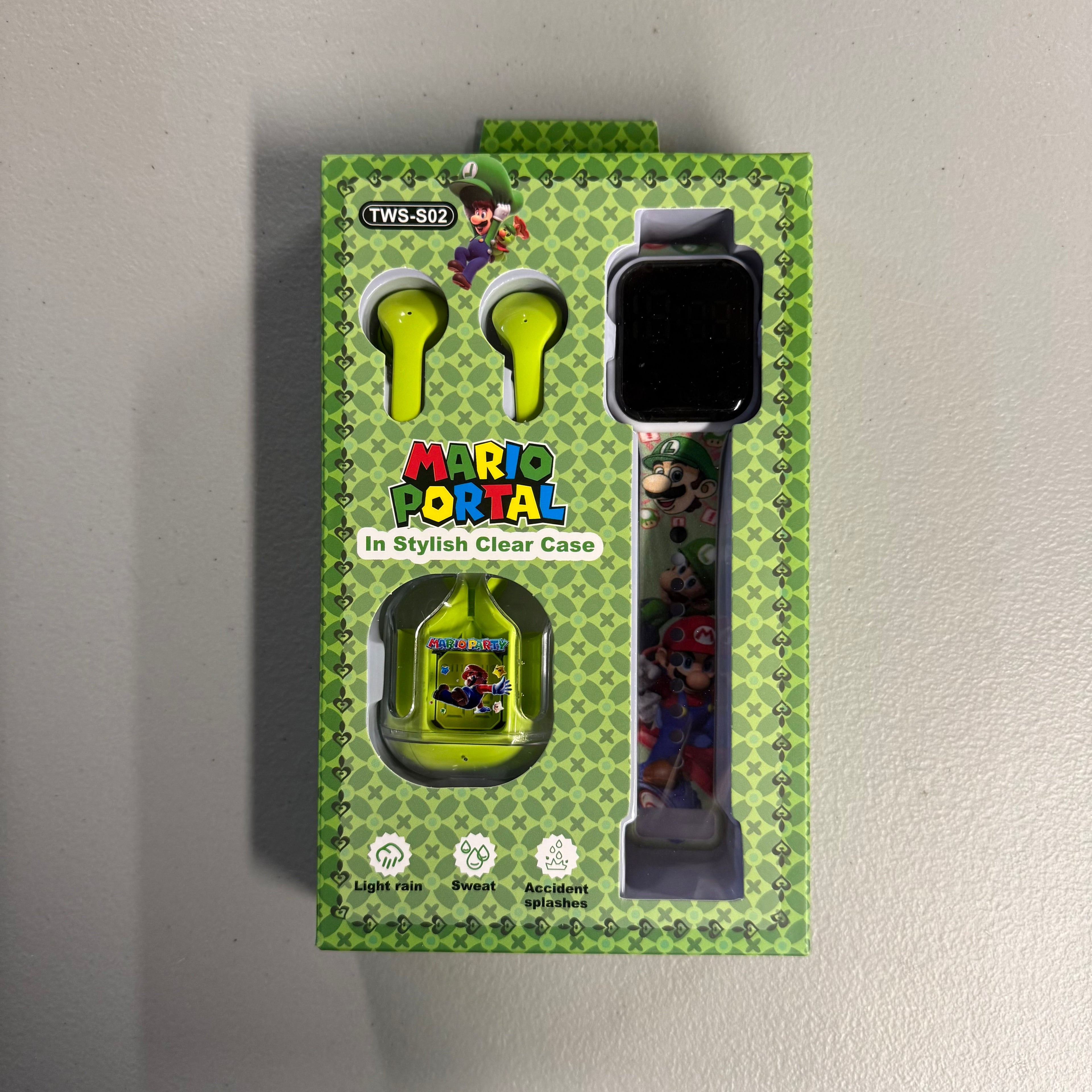 Super Mario Portal Kids Smartwatch & TWS Wireless Earbuds Combo Set - Green (New)