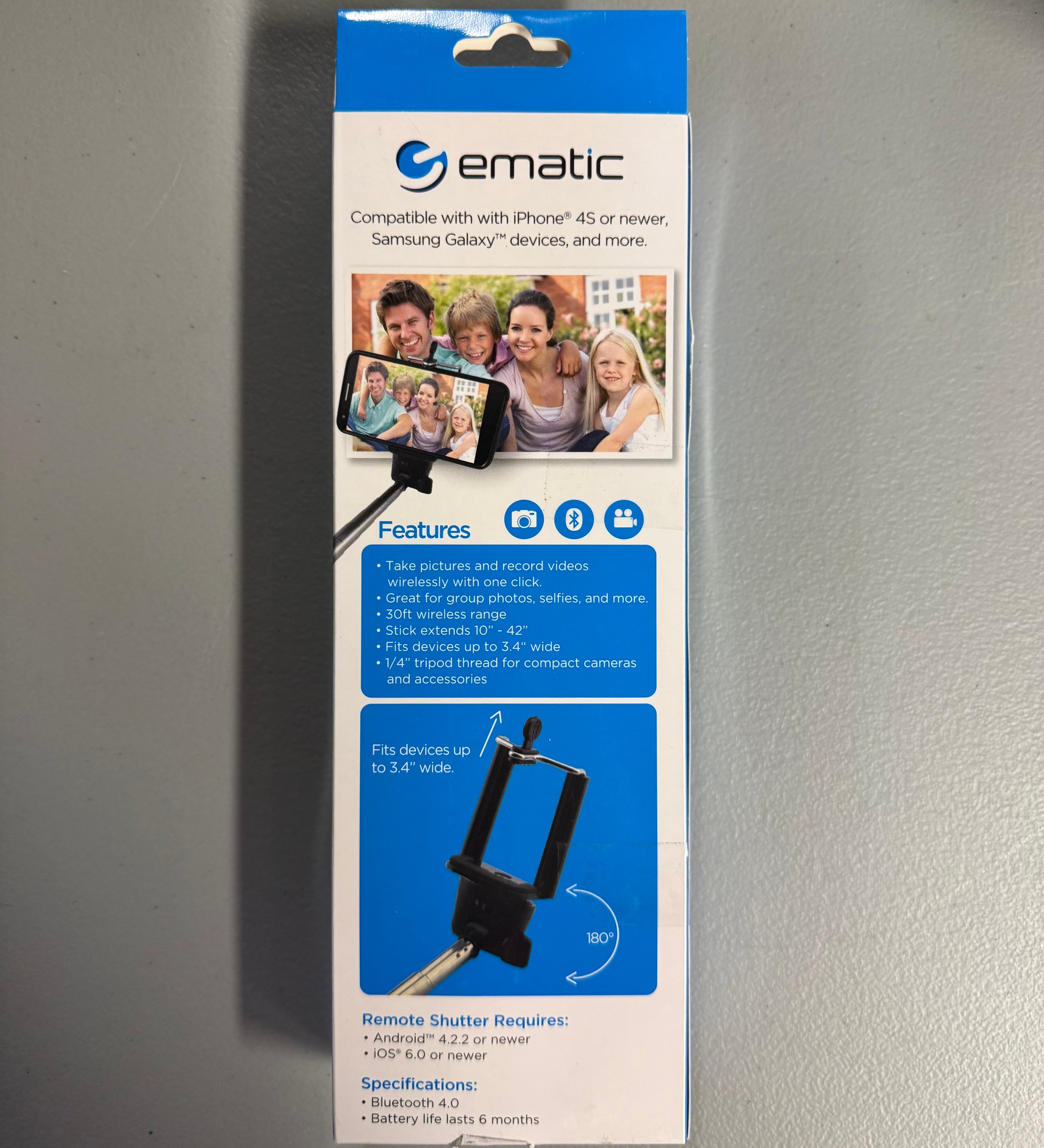 Extendable Selfie Stick with Bluetooth Shutter - Open Box Like New