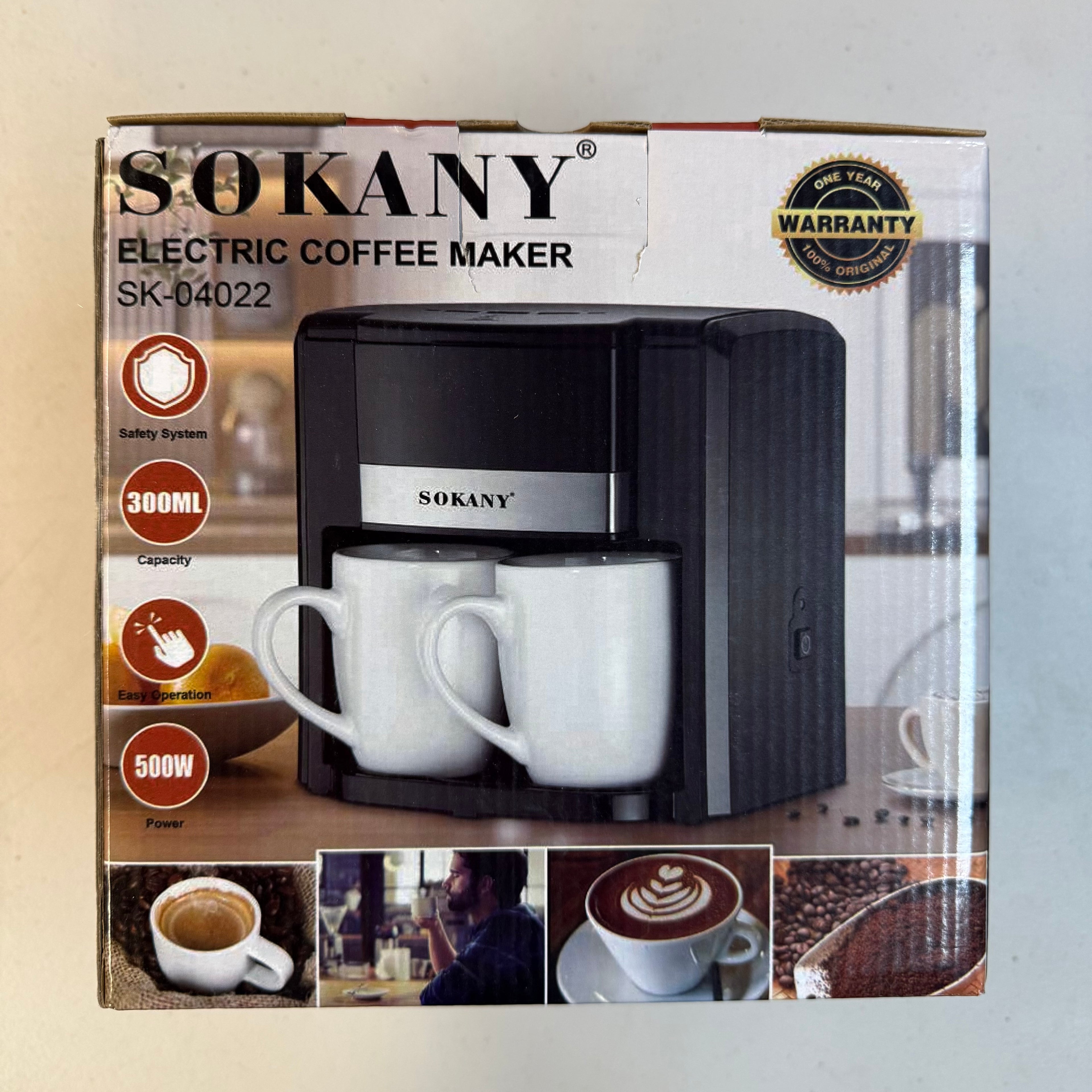 SOKANY Electric Coffee Maker SK-04022 - 2 Cup with Porcelain Mugs (Open Box - Like New)