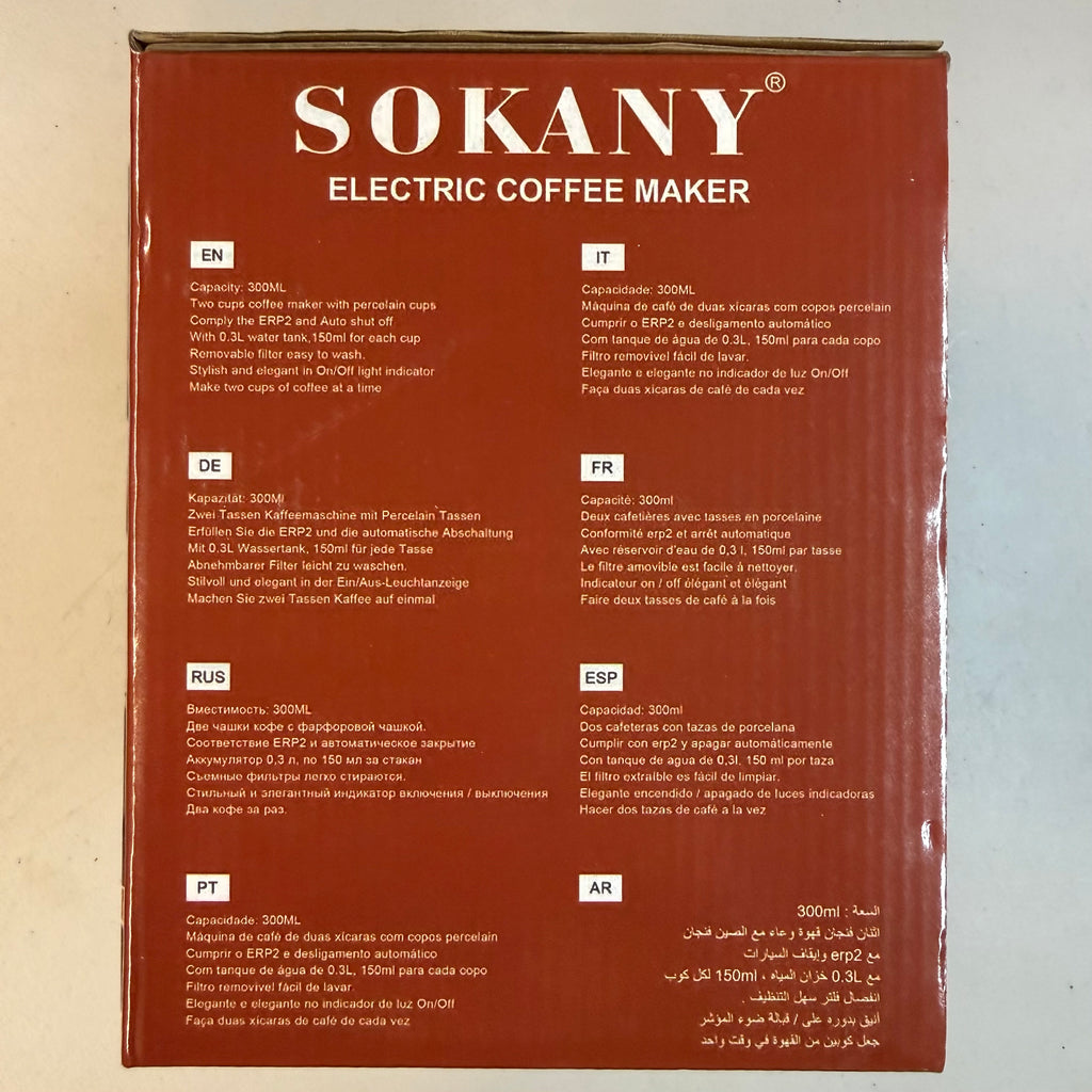 SOKANY Electric Coffee Maker SK-04022 - 2 Cup with Porcelain Mugs (Open Box - Like New)
