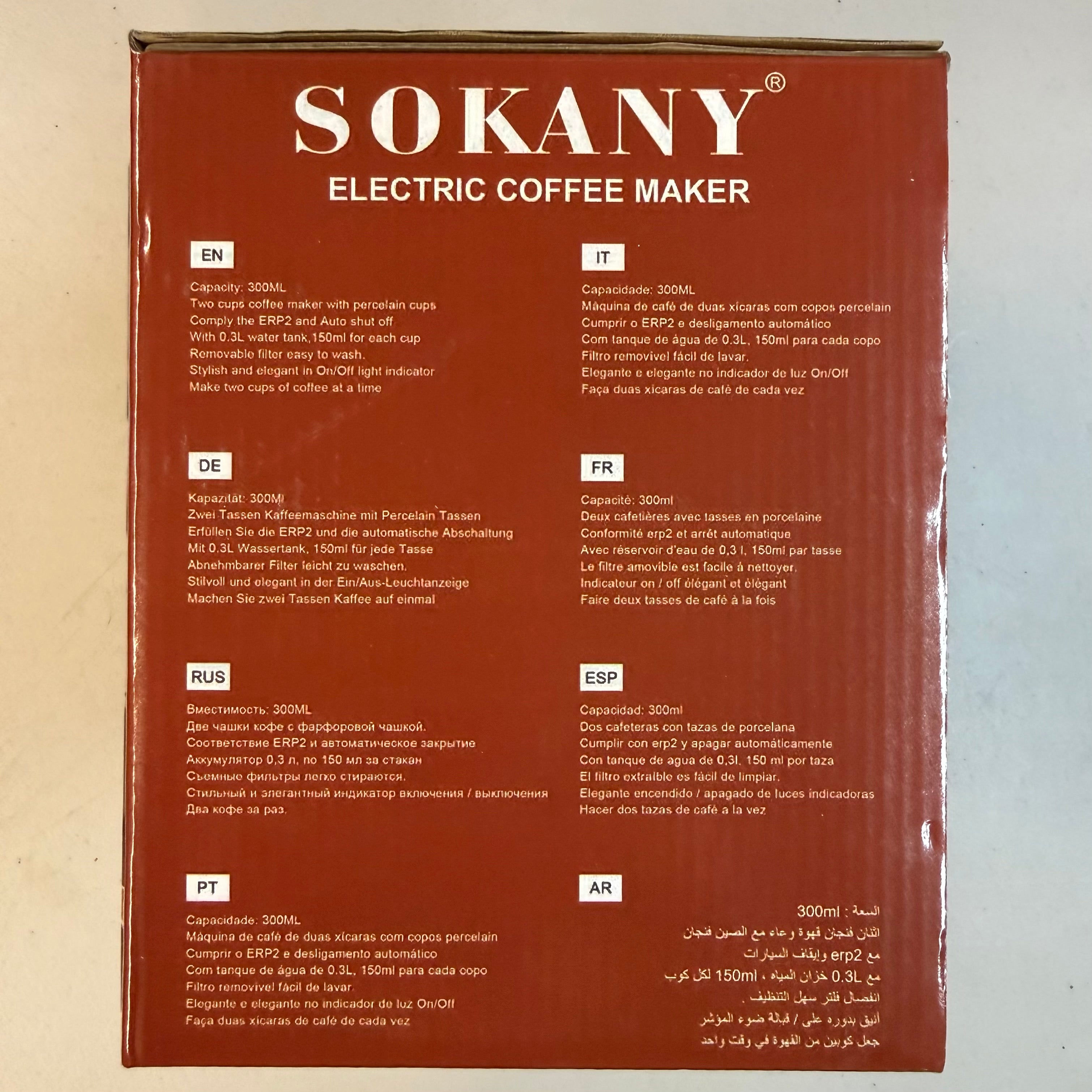 SOKANY Electric Coffee Maker SK-04022 - 2 Cup with Porcelain Mugs (Open Box - Like New)