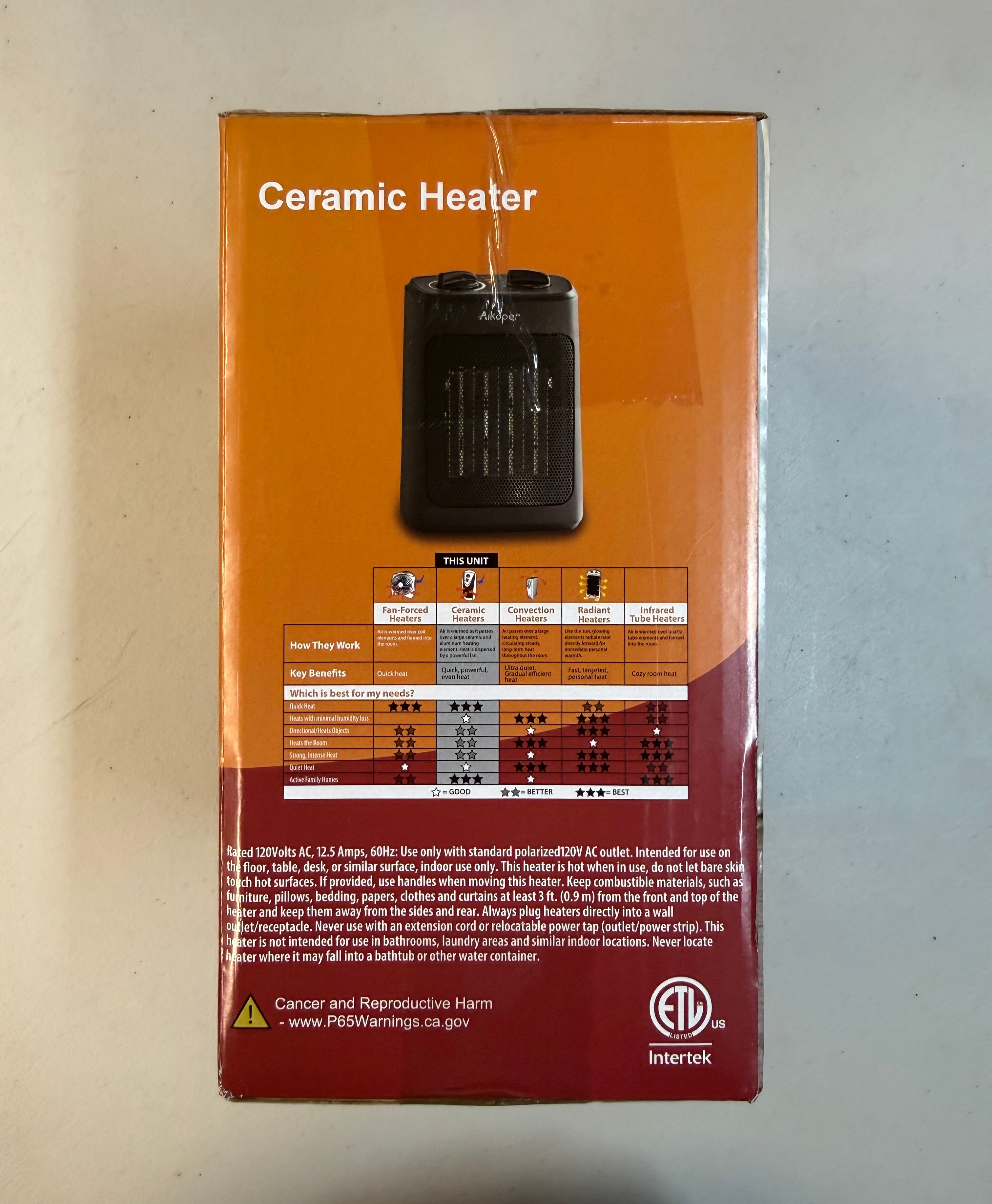 Aikoper Ceramic Space Heater NT15-20A - Portable with Adjustable Thermostat (Open Box - Like New)