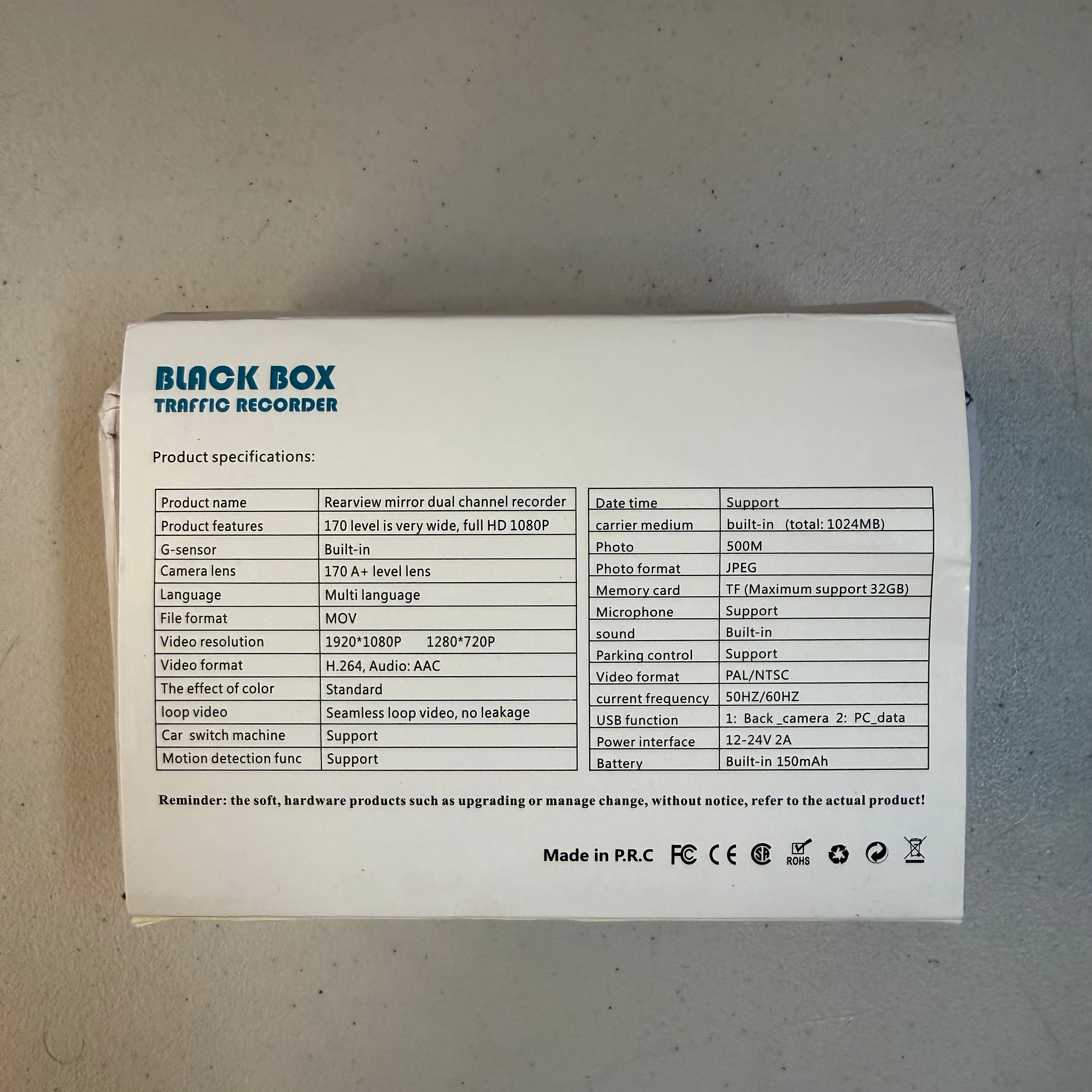 Black Box Traffic Recorder - 1296P Dual Channel Dash Cam with Rear View - Open Box Like New