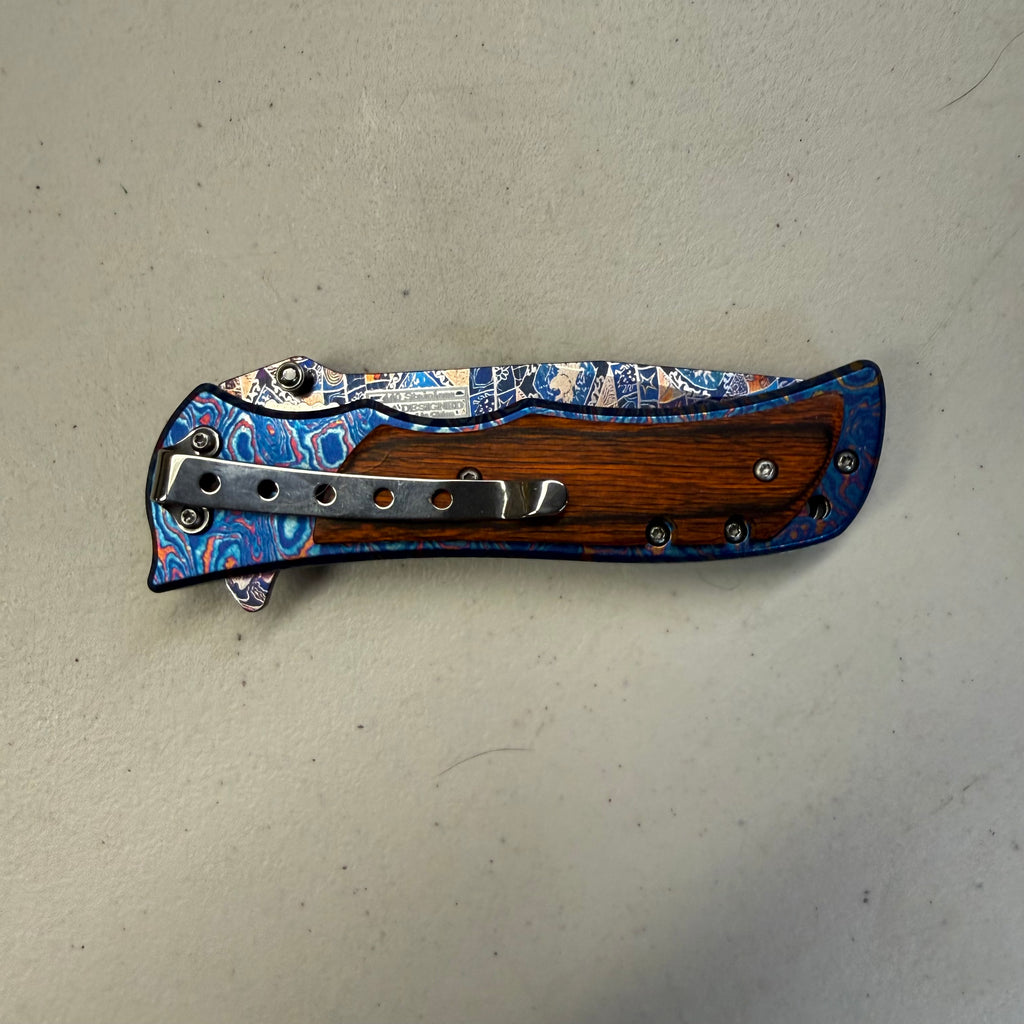 Falcon Knives Folding Knife - Blue Damascus Wood Handle (Open Box - Like New)