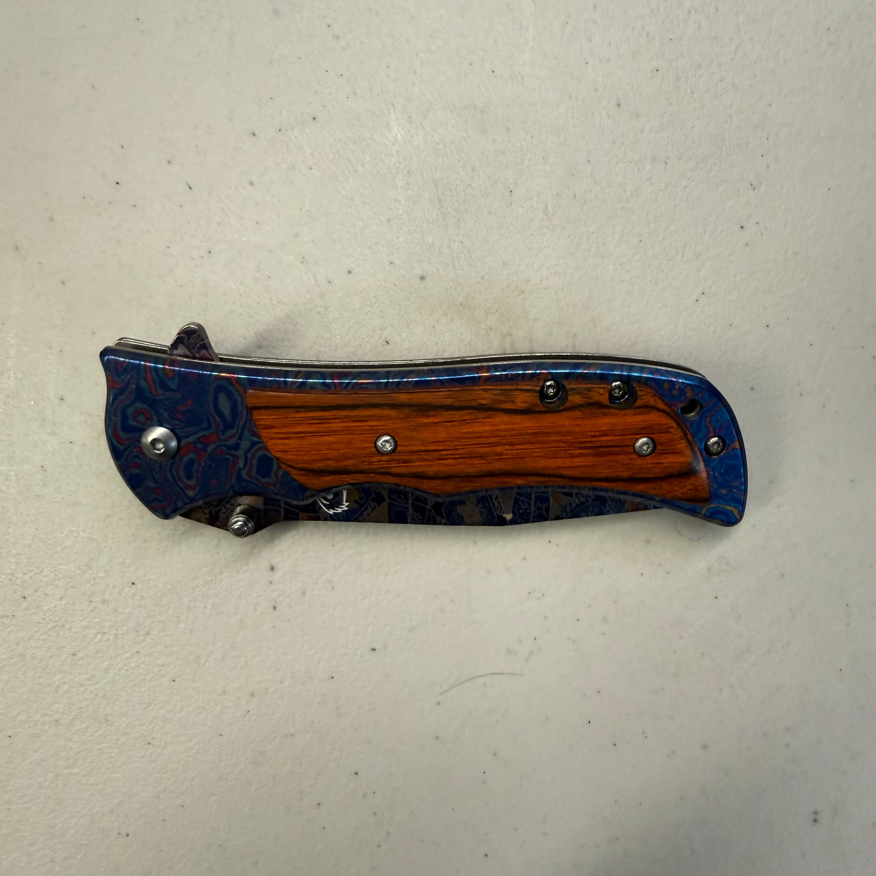 Falcon Knives Folding Knife - Blue Damascus Wood Handle (Open Box - Like New)