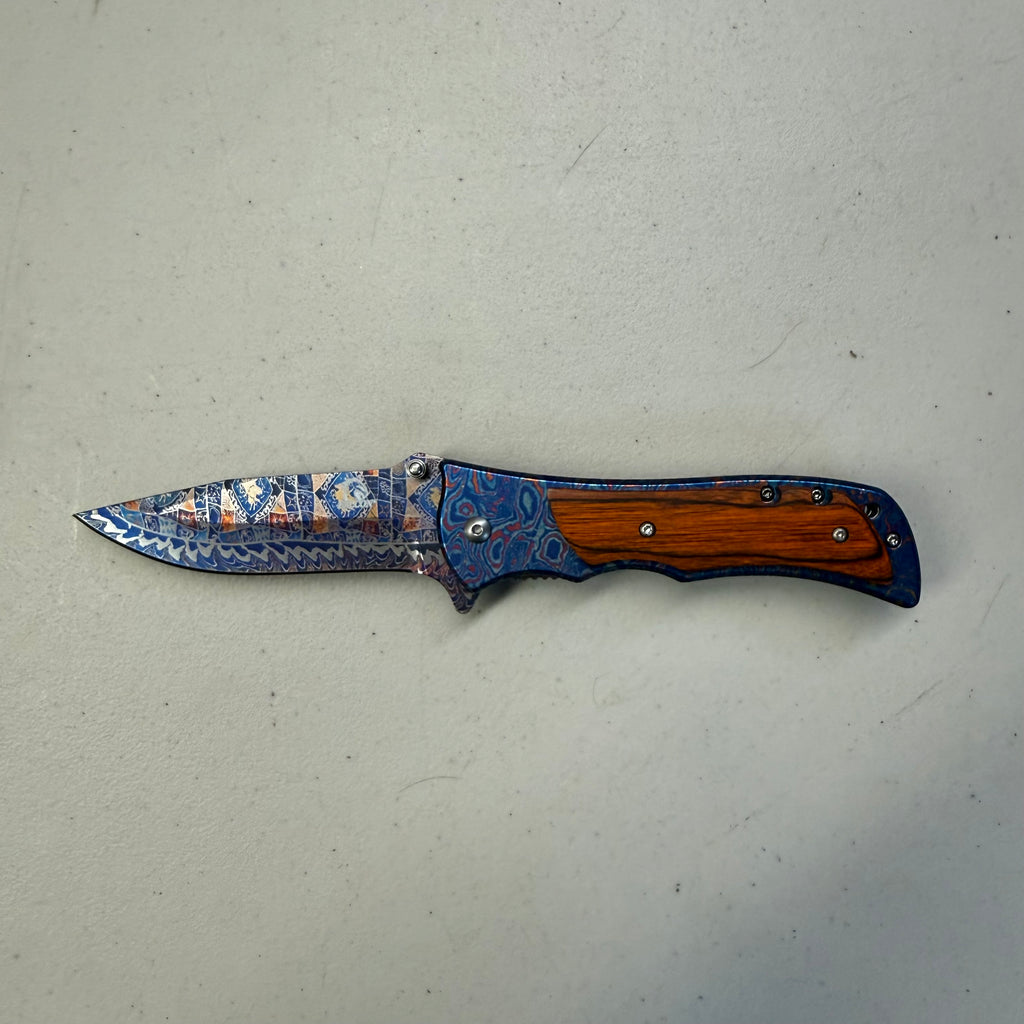 Falcon Knives Folding Knife - Blue Damascus Wood Handle (Open Box - Like New)