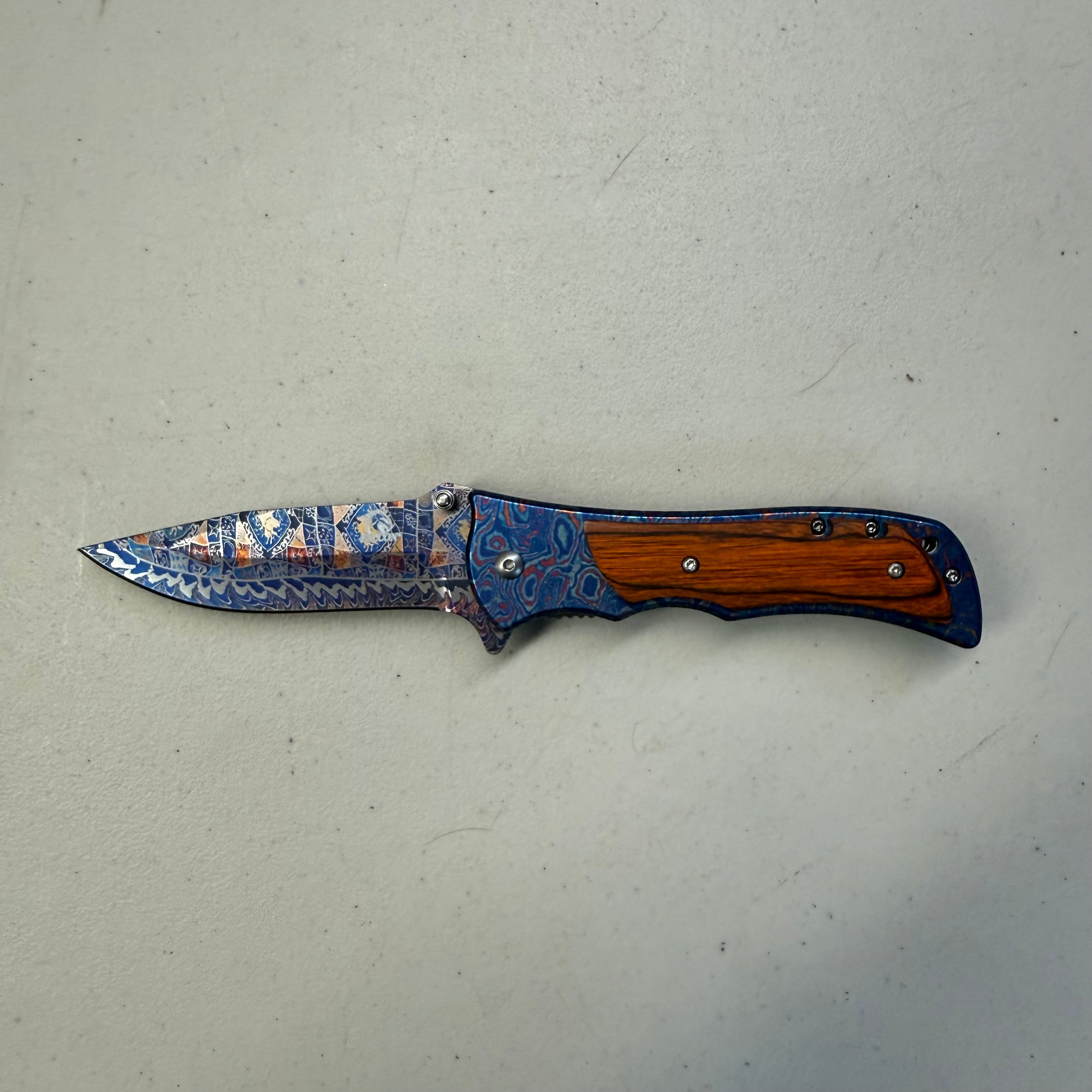 Falcon Knives Folding Knife - Blue Damascus Wood Handle (Open Box - Like New)
