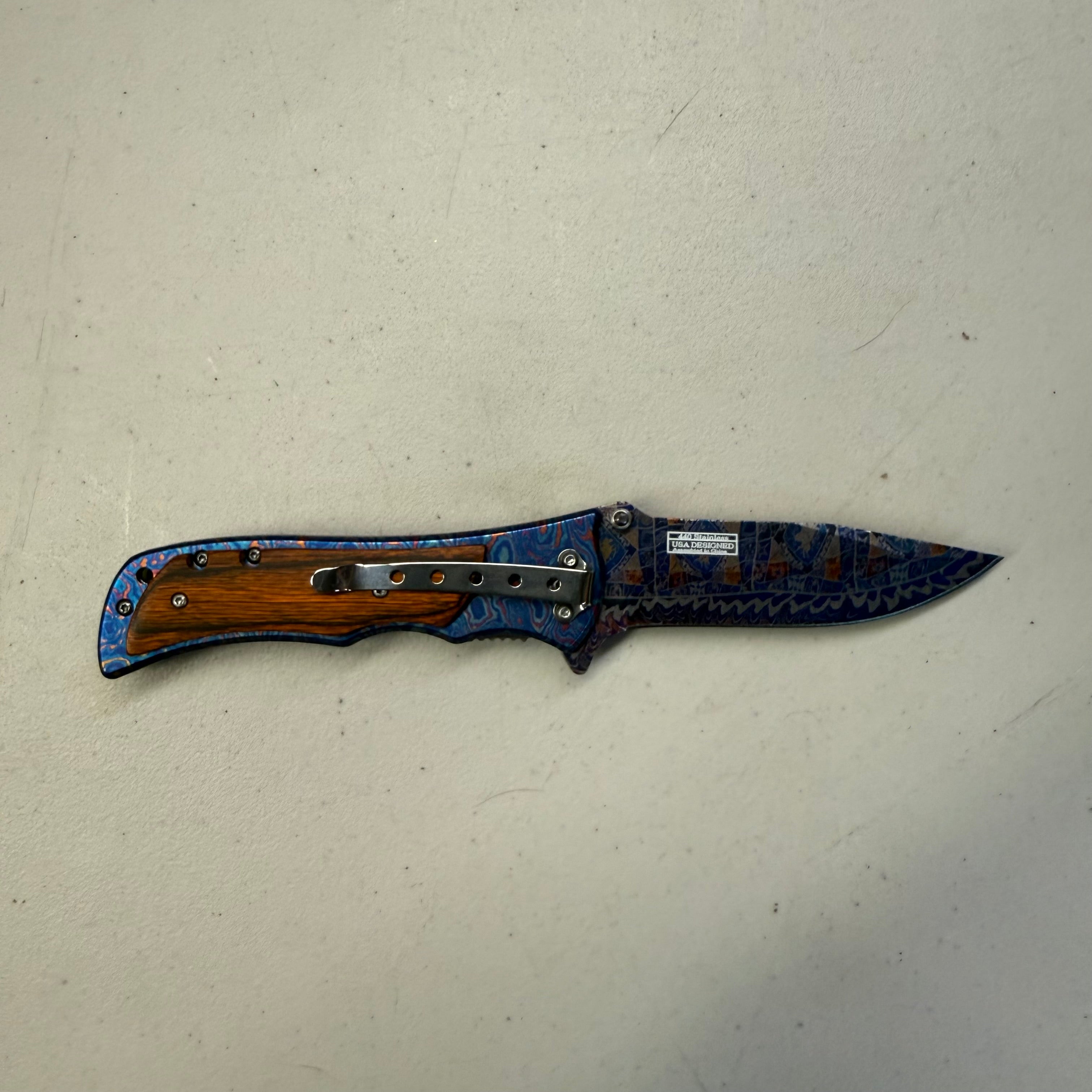 Falcon Knives Folding Knife - Blue Damascus Wood Handle (Open Box - Like New)