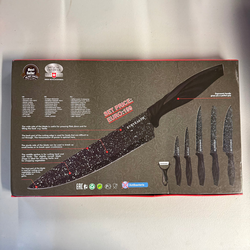 EVRYEALTH 6-Piece Marble Coating Knife Set SG-9200 - Antibacterial (Open Box, Like New)