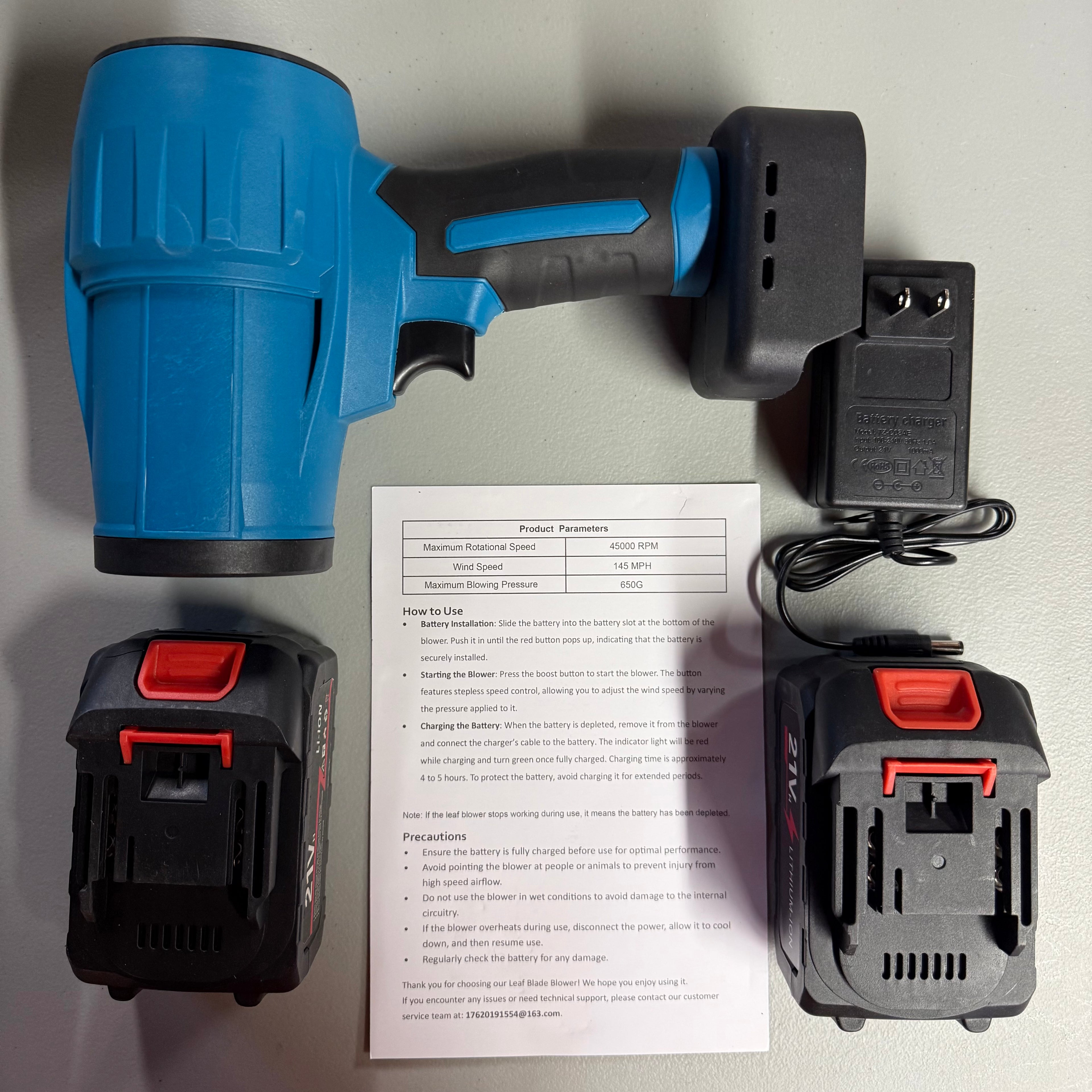 Cordless Leaf Blower 21V - 45300 RPM with Dual Batteries & Charger (Open Box, Like New)