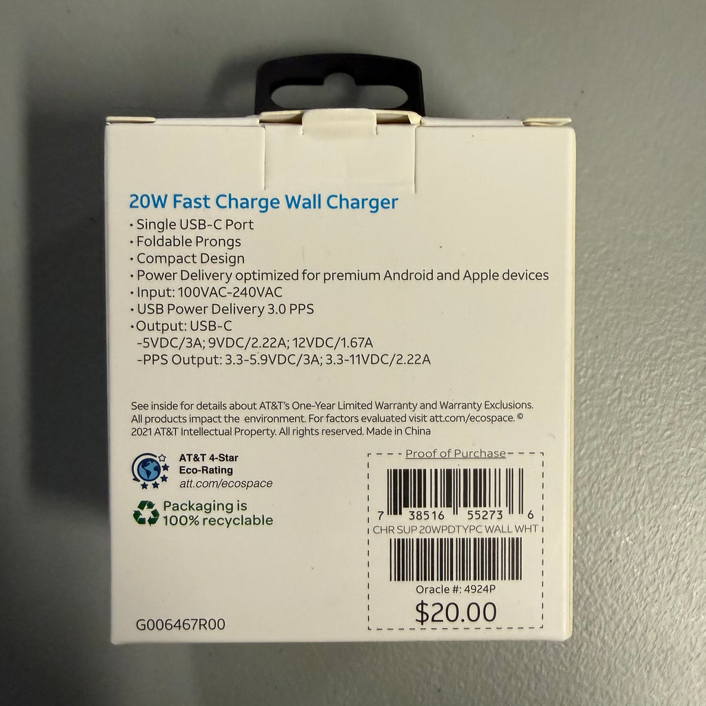 AT&T 20W Fast Charge Wall Charger - USB-C PD - Open Box Like New