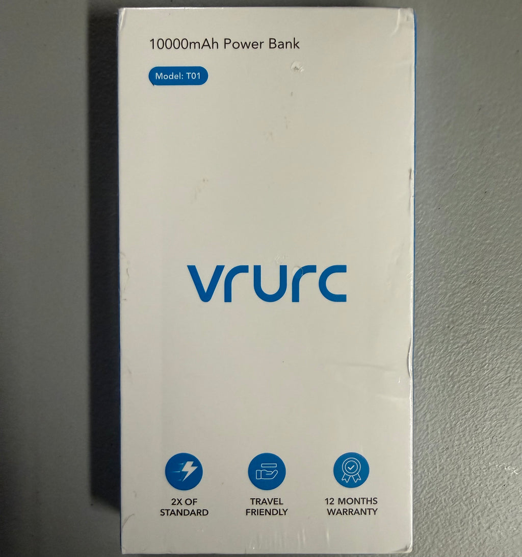 VRURC 10000mAh Power Bank Model T01 - Portable Charger with Dual USB Output - White